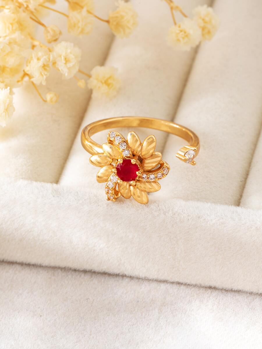 Anillo abierto con diamante de imitación con diseño de flor - Amarillo Oro - Ver 1