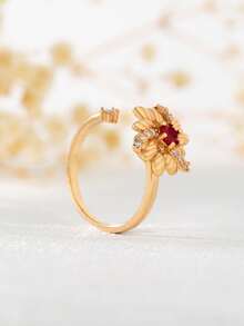 Anillo abierto con diamante de imitación con diseño de flor - Amarillo Oro - Ver 2