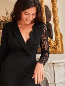 SHEIN Frenchy Contrast Lace Surplice Front Jumpsuit - Black - View 3