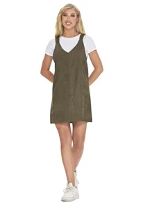 SHEIN LUNE Corduroy Solid Pinafore Dress Without Sweater - Army Green - View 3