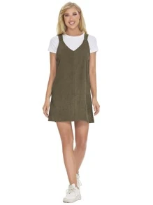 SHEIN LUNE Corduroy Solid Pinafore Dress Without Sweater - Army Green - View 4