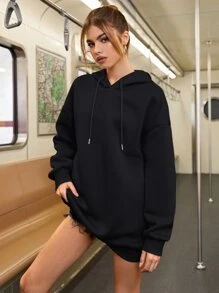 SHEIN EZwear Wings Print Drop Shoulder Drawstring Oversized Hoodie - Black - View 3