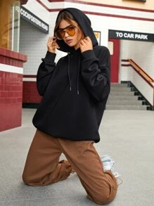 SHEIN EZwear Wings Print Drop Shoulder Drawstring Oversized Hoodie - Black - View 5