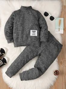 小男童字母貼布小高領衛衣和衛褲 - 深灰色 - 查看 1