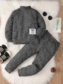 小男童字母貼布小高領衛衣和衛褲 - 深灰色 - 查看 3