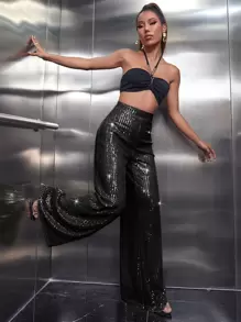 SHEIN BAE High Waist Sequin Wide Leg Pants - Black - View 6