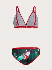 Christmas Graphic Ruffle Contrast Binding Lingerie Set - Multicolor - View 2