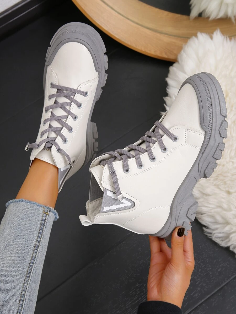 Two Tone Lace-up Front Chelsea Boots - White - View 1