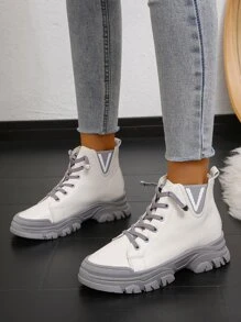 Two Tone Lace-up Front Chelsea Boots - White - View 3