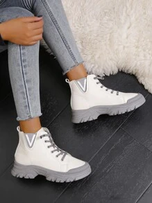 Two Tone Lace-up Front Chelsea Boots - White - View 5