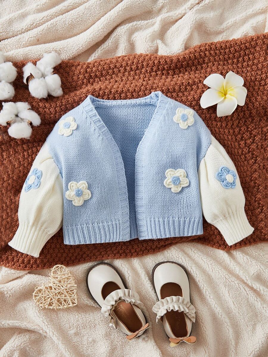 SHEIN Cardigans bé Đắp vá Xù Hoa Giải trí - Xanh và trắng - Xem 1