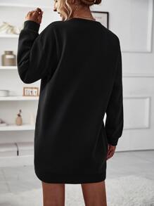 SHEIN LUNE Contrast Lace Drop Shoulder Sweatshirt Dress - Black - View 2