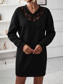 SHEIN LUNE Contrast Lace Drop Shoulder Sweatshirt Dress - Black - View 6