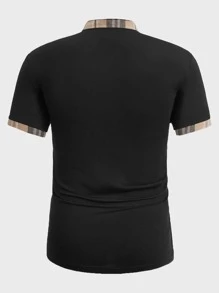 Manfinity VCAY 男士格紋印花1/4拉鍊POLO衫 - 黑色 - 查看 2