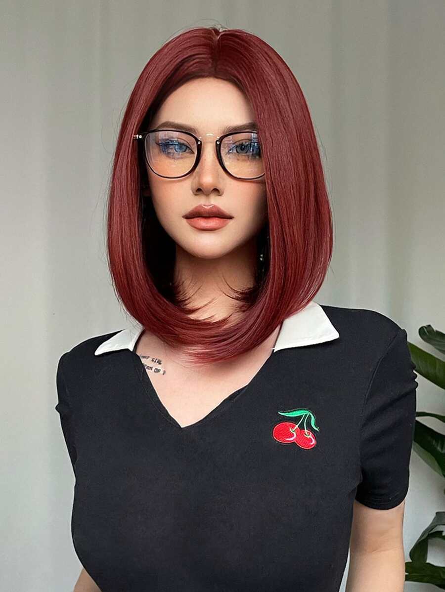 短直筒人造假髮 - 紅色 - 查看 1