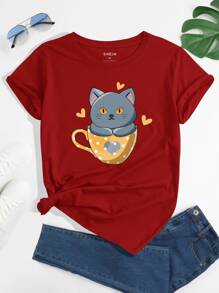 卡通圖案T恤 - 酒紅色 - 查看 1