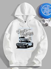 Manfinity RebelGame Men Car & Slogan Graphic Drawstring Hoodie - White - View 1