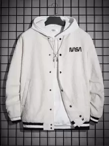 GENTILAND Oversized Men's Letter Embroidery Drop Shoulder Teddy Bomber Jacket Without Hoodie - White - View 1