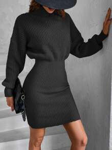 SHEIN Privé Turtleneck Drop Shoulder Jumper Dress - Black - View 3