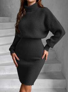 SHEIN Privé Turtleneck Drop Shoulder Jumper Dress - Black - View 4