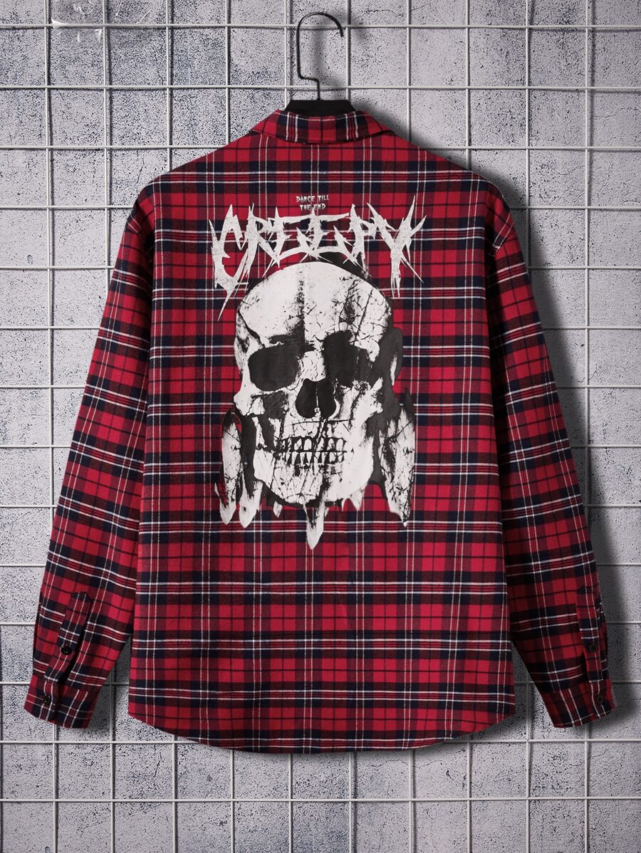 GENTILAND 宽松男士字母与骷髅印花苏格兰格子衬衫 - 彩色 - 查看 1