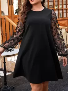 SHEIN Clasi 大碼貼花細節網紗拼接燈籠袖洋裝 - 黑色 - 查看 1