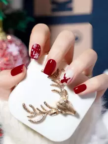 24pcs Long Square Christmas Elk Pattern Fake Nail & 1sheet Tape & 1pc Nail File - Red and White - View 1