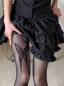 Butterfly Pattern Fishnet Tights - Black - View 1