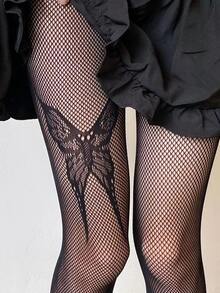 Butterfly Pattern Fishnet Tights - Black - View 4