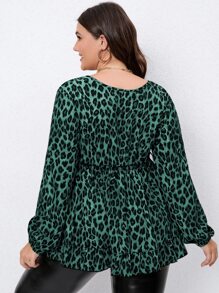 SHEIN Clasi Plus Leopard Print Lantern Sleeve Peplum Top - Green - View 2