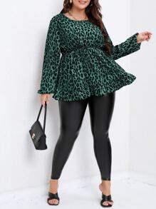 SHEIN Clasi Plus Leopard Print Lantern Sleeve Peplum Top - Green - View 4