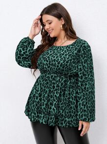 SHEIN Clasi Plus Leopard Print Lantern Sleeve Peplum Top - Green - View 5