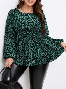 SHEIN Clasi Plus Leopard Print Lantern Sleeve Peplum Top - Green - View 6
