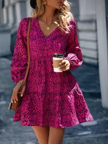 SHEIN LUNE 斑點印花燈籠袖荷葉邊娃娃裙 - 玫紅色 - 查看 1