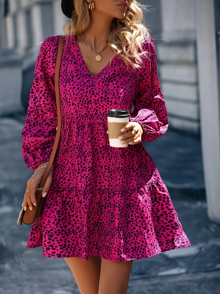 SHEIN LUNE 斑點印花燈籠袖荷葉邊娃娃裙 - 玫紅色 - 查看 1