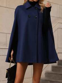 SHEIN LUNE Double Breasted Cloak Sleeve Overcoat - Navy Blue - View 3