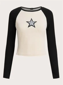 SHEIN EZwear Sequin Star Patched Raglan Sleeve Crop Tee - Multicolor - View 1