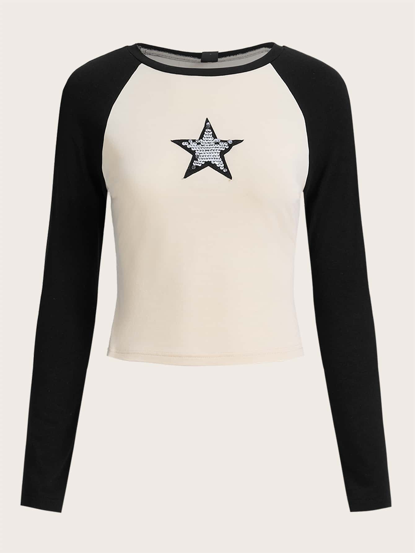 SHEIN EZwear Sequin Star Patched Raglan Sleeve Crop Tee - Multicolor - View 1