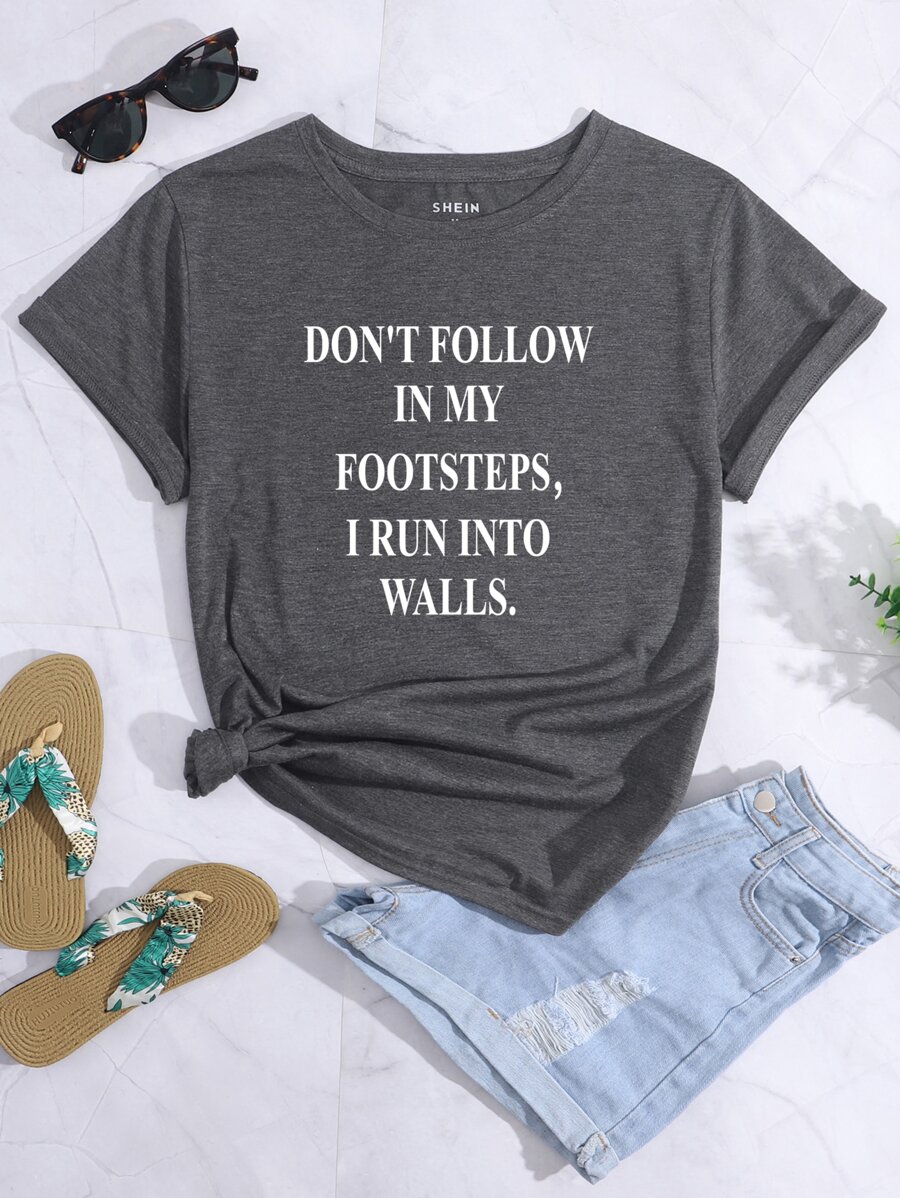 SHEIN Essnce Áo thun nữ Slogan Giải trí - Màu xám đen - Xem 1