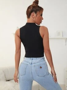 SHEIN EZwear High Neck Rib Knit Sleeveless Crop Top - Black - View 2