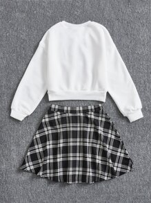 MsChibious Artist Girlcore Tween Girl Drop Shoulder Cartoon & Letter Graphic Pullover & Plaid Skirt, Fall Clothes, For Autumn & Winter, Holiday, New Year, Thanksgiving