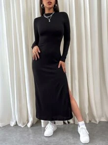 SHEIN Privé Mock Neck Split Thigh Dress - Black - View 5