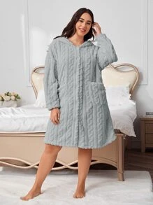 Bata homewear de hombros caídos con capucha franela - Gris Claro - Ver 1