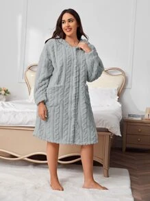 Bata homewear de hombros caídos con capucha franela - Gris Claro - Ver 5