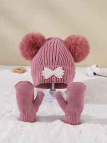 Toddler Girls Pom Pom Decor Beanie & Gloves - Pink - View 1