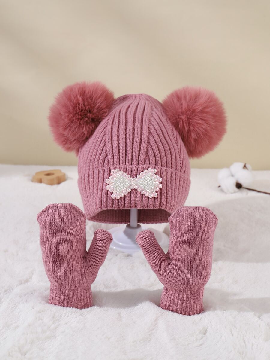 Toddler Girls Pom Pom Decor Beanie & Gloves - Pink - View 1