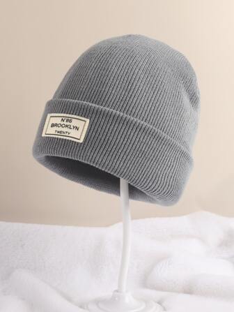 1 pieza Gorro de punto de unicolor para niños, de moda casual y decorativo al aire libre con la letra Brooklyn, cómodo para todas las estaciones