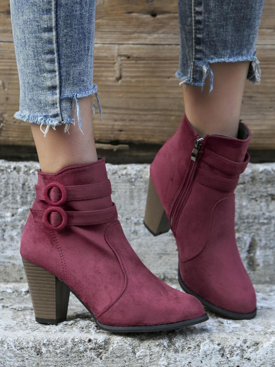 Double Buckle Decor Faux Suede Zip Side Classic Boots - Rose Red - View 1