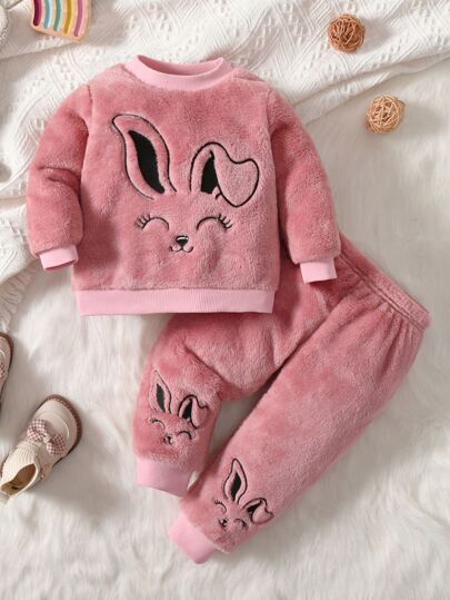 SHEIN Playful Pals 嬰兒女童卡通刺繡絨面毛衣和褲子