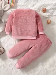 SHEIN Playful Pals 嬰兒女童卡通刺繡絨面毛衣和褲子 - 粉色 - 查看 2